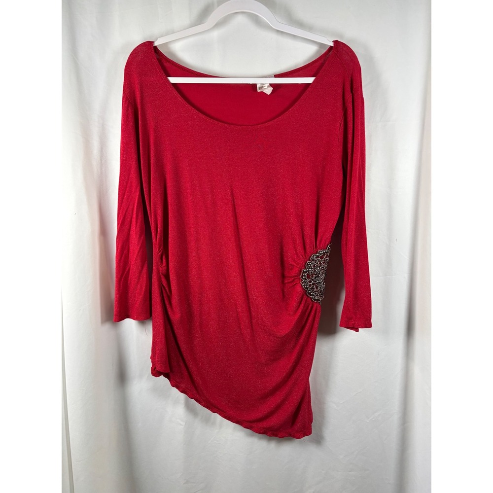 Bleeker & Dougal Red‎ Glitter Knit Asymmetrical Ruched Embellished Top XL